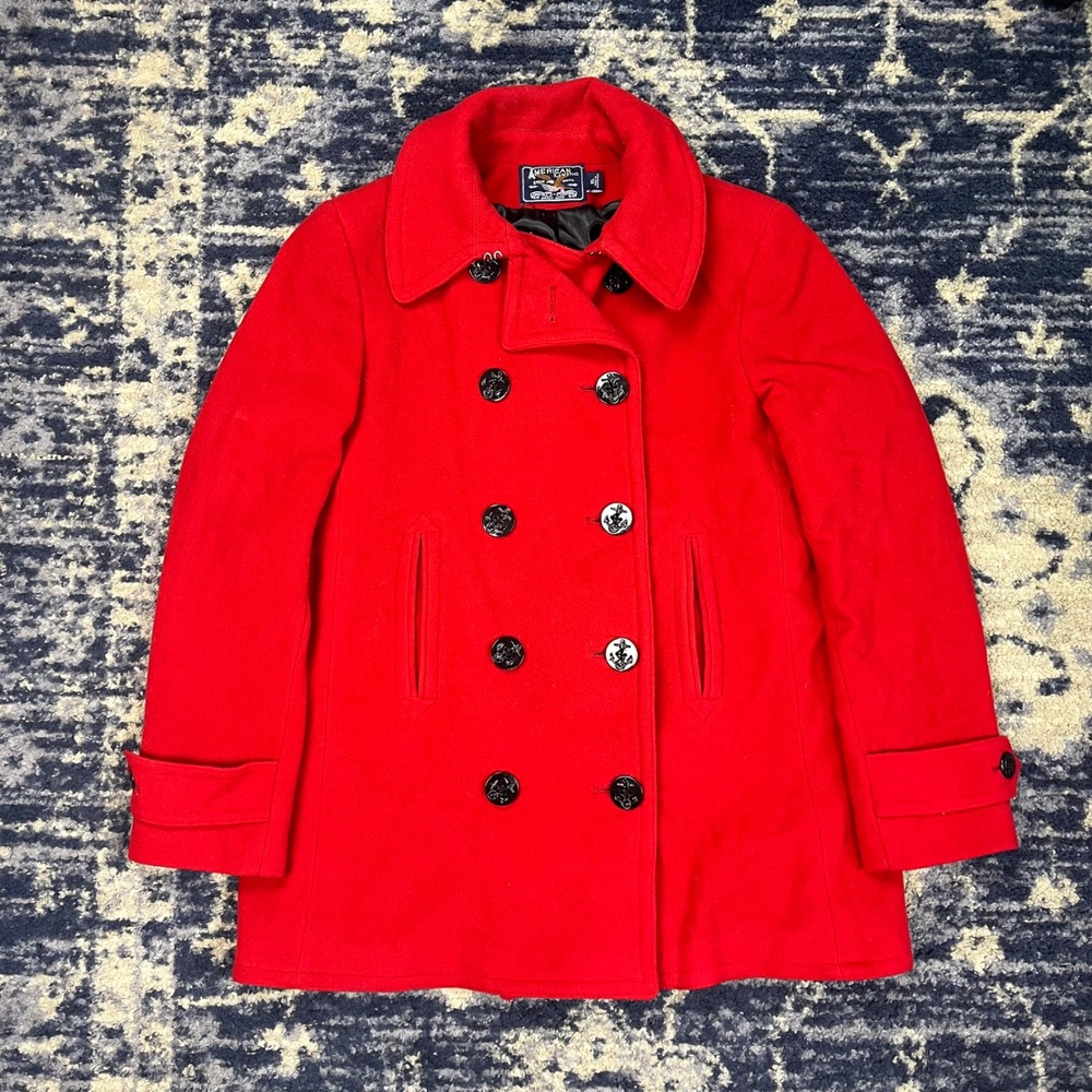American Living Womens Red Wool Blend Double Breasted Pea Coat Anchor Buttons XL